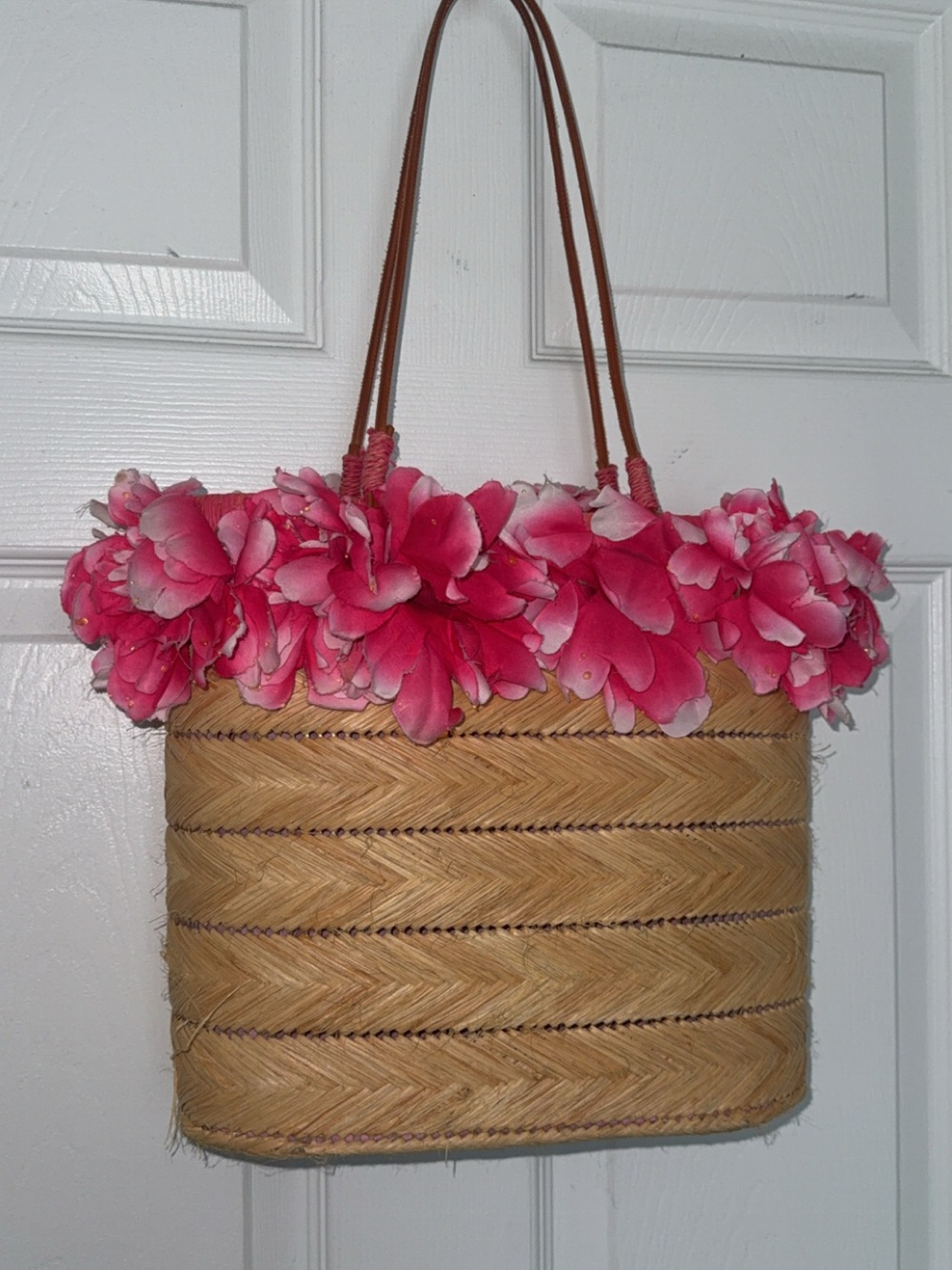 Woven Straw Tote with Pink Floral Trim